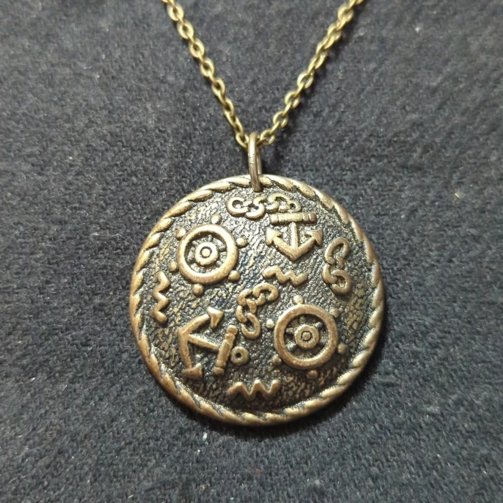 Vintage Brass Tone Round Nautical Theme Pendant Statement Necklace